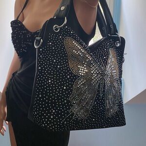 BUTTERFLY TOTE PEBBLED LEATHER & RHINESTONE LG ZIPPY DAZZLER